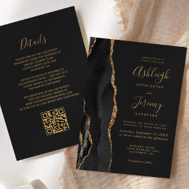 Invitación Boda Código QR Oscuro de Ágata Dorada Negra Modern
