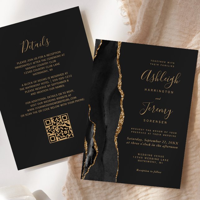 Invitación Boda Código QR Oscuro de Ágata Dorada Negra Modern (Subido por el creador)