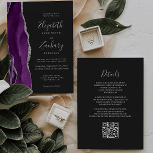 Invitación Boda Código QR Oscuro Moderno Agate Plata Púrpura
