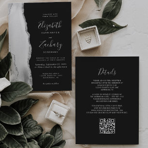 Invitación Boda Código QR Pizarra Agata Plata Gris Blanco