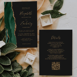 Invitación Boda Código QR Pizarra Ágata Verde Esmeralda Dorad