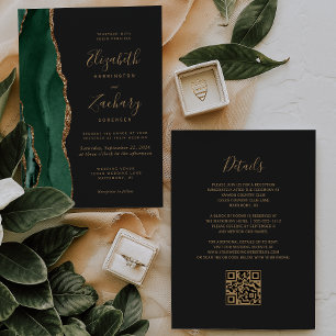 Invitación Boda Código QR Pizarra Ágata Verde Esmeralda Dorad