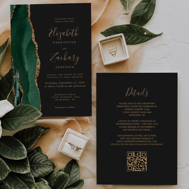Invitación Boda Código QR Pizarra Ágata Verde Esmeralda Dorad (Subido por el creador)