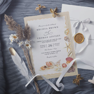 Invitación Boda Código QR Playa Mar Arena Conchas Elegantes