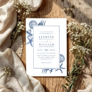 Invitación Boda Código QR Playa Océano Marino Conchas Azules