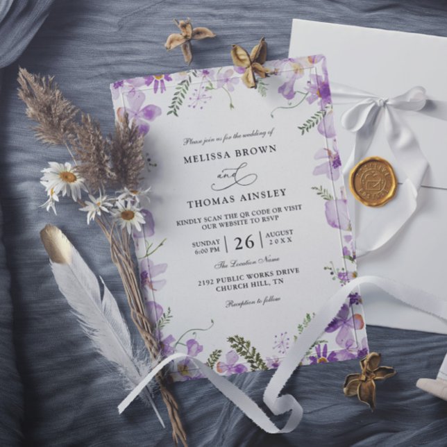 Invitación Boda Código QR Presupuesto Flor Púrpura Rústica Mo (Subido por el creador)