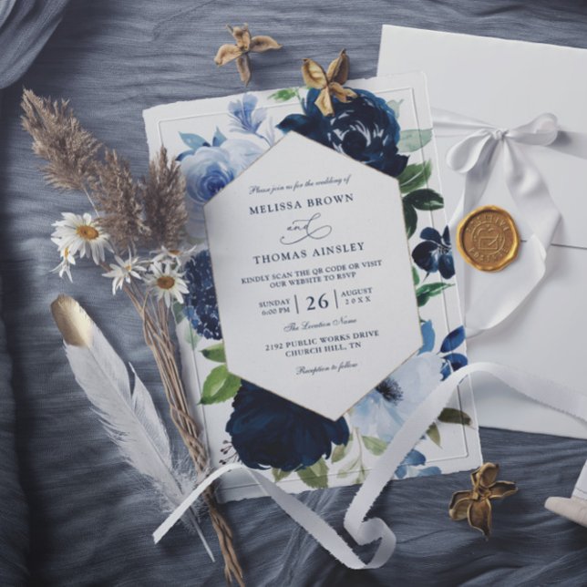 Invitación Boda Código QR Presupuesto Flores Navy Modernas (Subido por el creador)