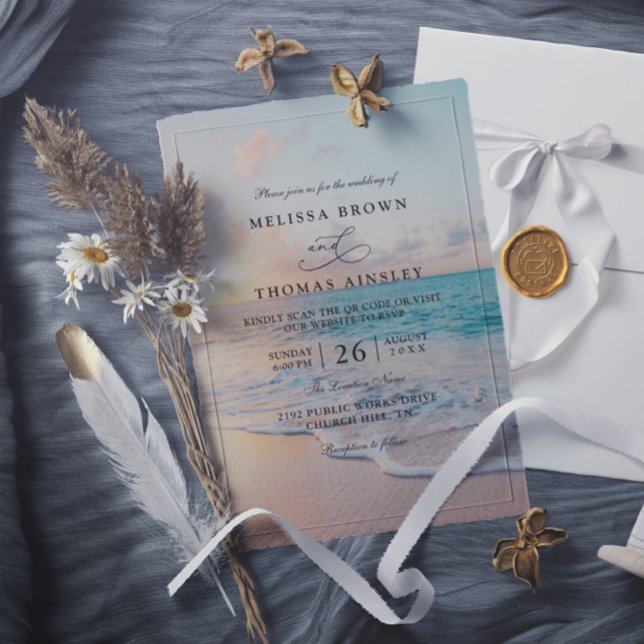 Invitación Boda Código QR Puesta de sol Playa Pastel Amanecer (Subido por el creador)