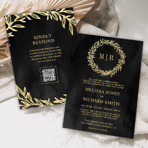 Invitación Boda Código QR Rama Hoja de Oro Gris Carbón