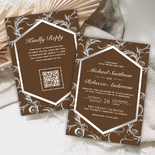 Invitación Boda Código QR Remolino de Plata Marrón