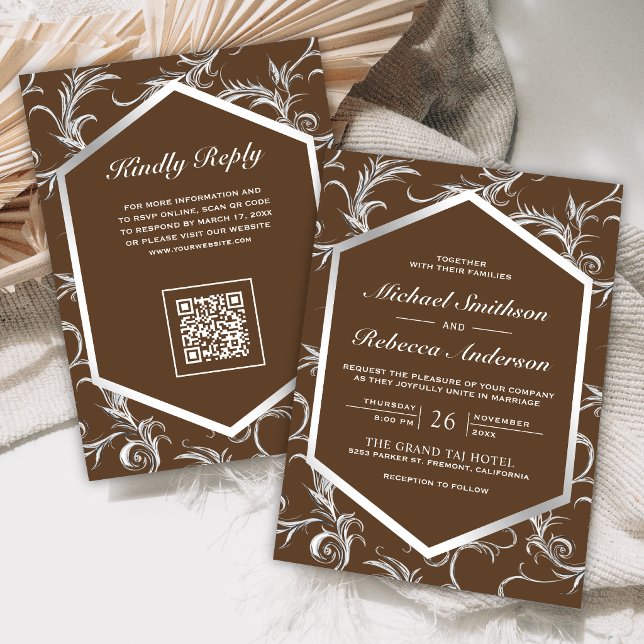 Invitación Boda Código QR Remolino de Plata Marrón (Subido por el creador)