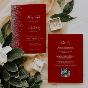 Invitación Boda Código QR Rojo Carmesí Brillo Plateado Modern