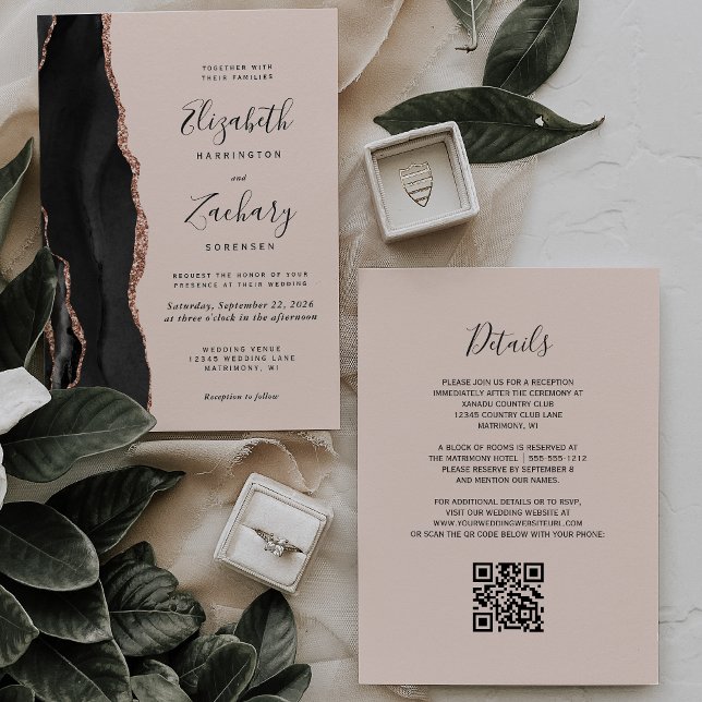Invitación Boda Código QR Rosa Ágata Oro Negro Chic (Subido por el creador)
