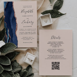 Invitación Boda Código QR Rosa de Oro Azul Marino Ágata