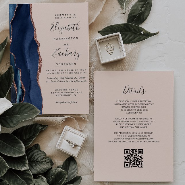 Invitación Boda Código QR Rosa de Oro Azul Marino Ágata (Subido por el creador)
