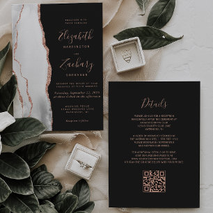 Invitación Boda Código QR Rosa Gris Oro Ágata Pizarra Negra