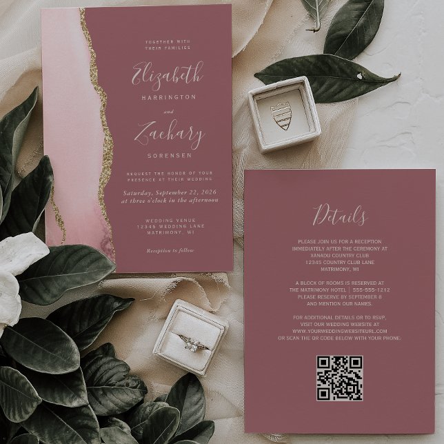 Invitación Boda Código QR Rosa Polvo Agate Dorado Rosa Rubor (Subido por el creador)