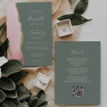 Boda Código QR Rosa Rubor Verde Sage Ágata Dorada