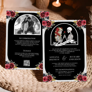 Invitación Boda Código QR Rosas Pareja Esqueleto Gótico Negro