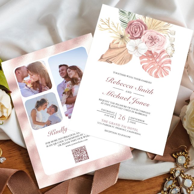 Invitación Boda Código QR Rosas Polvorientas Rosa Rústico Boh (Subido por el creador)