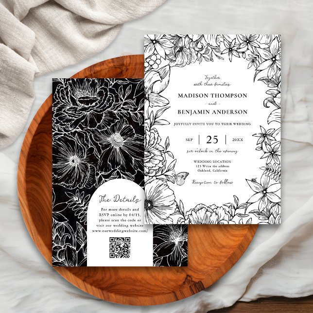 Invitación Boda Código QR RSVP Arco Floral Blanco Negro (Subido por el creador)