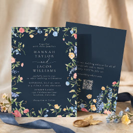 Invitación Boda Código QR RSVP Azul Marino Flor Silvestre Boh