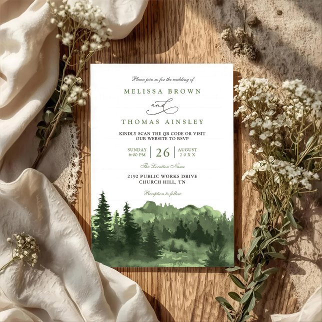 Invitación Boda Código QR Rústico Acuarela Bosque Montaña (Subido por el creador)