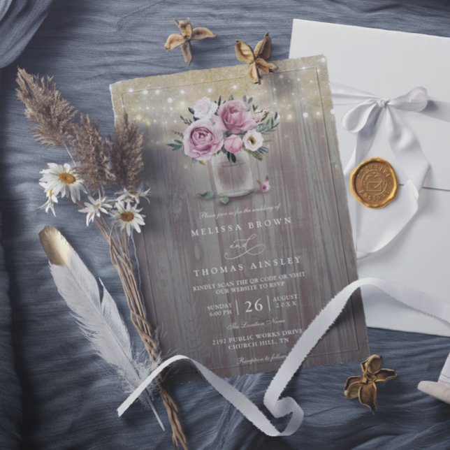 Invitación Boda Código QR Rústico Floral Rosa Polvo Tarro Mas (Subido por el creador)