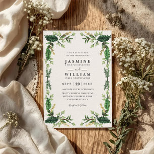 Invitación Boda Código QR Rústico Hojas Verde Perenne
