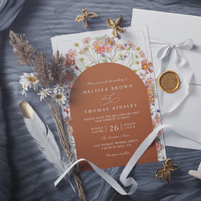 Invitación Boda Código QR Terracota Flor Silvestre Boho Otoño (Subido por el creador)