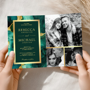 Invitación Boda Código QR Tinta Fluida Verde Esmeralda Dorado