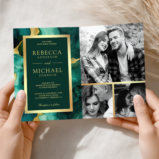 Invitación Boda Código QR Tinta Fluida Verde Esmeralda Dorado (Subido por el creador)