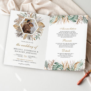 Invitación Boda Código QR Todo en Uno Monstera Boho Pampas
