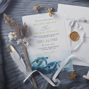 Invitación Boda Código QR Tortuga Marina Azul Luz Lunar Místi