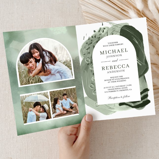 Invitación Boda Código QR Trazos de Pincel Verde Sabio Boho (Subido por el creador)