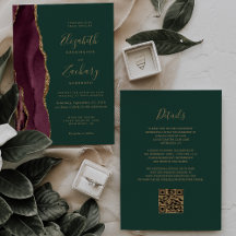 Boda Código QR Verde Esmeralda Ágata Dorada Borgoñ