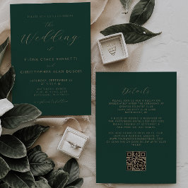 Invitación Boda Código QR Verde Esmeralda Letra Dorada Modern