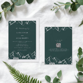 Invitación Boda Código QR Verde Esmeralda Pino Montañas