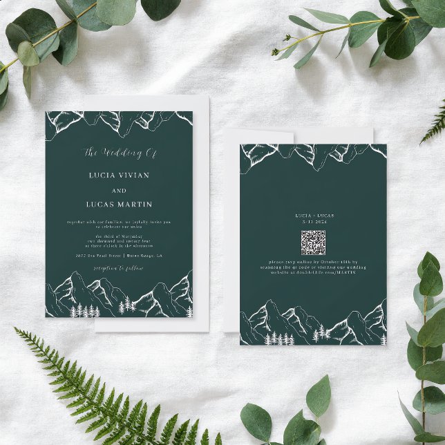 Invitación Boda Código QR Verde Esmeralda Pino Montañas (Subido por el creador)