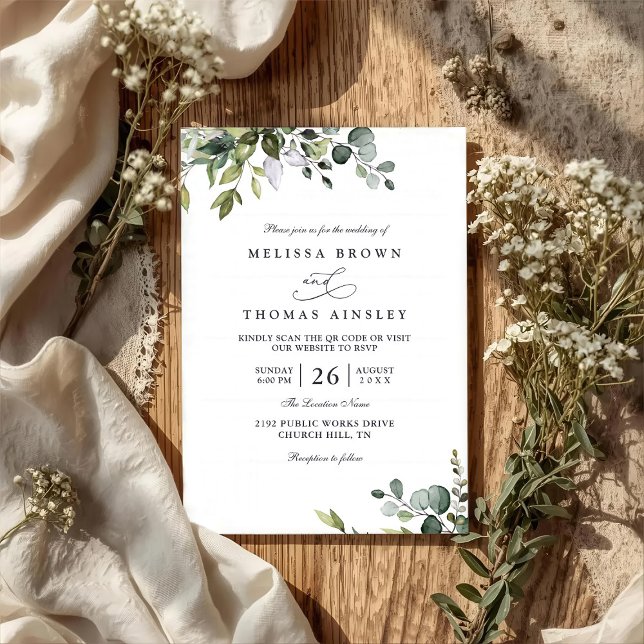 Invitación Boda Código QR Verde Hojas de Eucalipto Rústico (Subido por el creador)