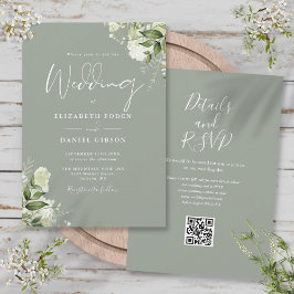 Invitación Boda Código QR Verde Menta Floral Verdor