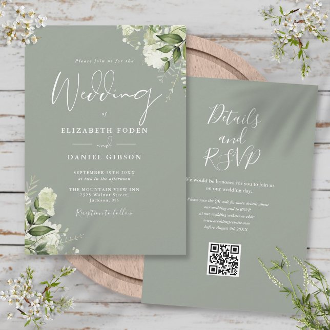 Invitación Boda Código QR Verde Menta Floral Verdor (Greenery Floral Sage Green QR Code Wedding Invitation)