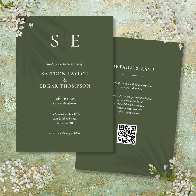 Invitación Boda Código QR Verde Oliva Monograma (Monogram Olive Green QR Code Wedding Invitation)