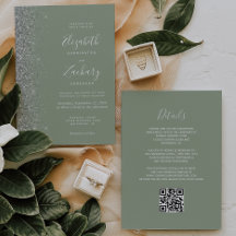 Boda Código QR Verde Salvia Brillo Plateado Modern