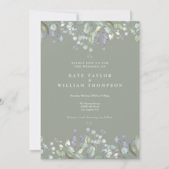 Invitación Boda Código QR Verde Salvia Floral Lila (Anverso)