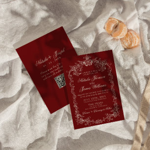 Invitación Boda Código QR Vintage Dinero Antiguo Rojo Profund