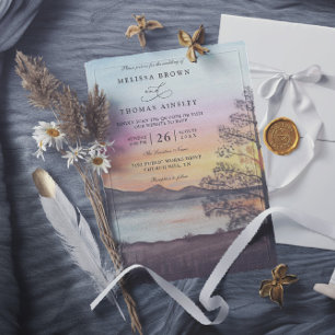 Invitación Boda Código QR Vista del Lago de Montaña Acuarela