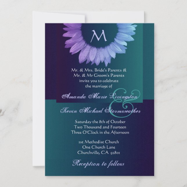 Invitación Boda coloreada trullo azul púrpura del girasol (Anverso)