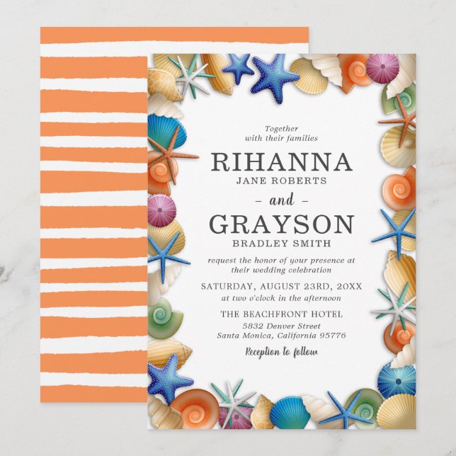 Invitación Boda Colorida de Conchas de Playa (Anverso / Reverso)