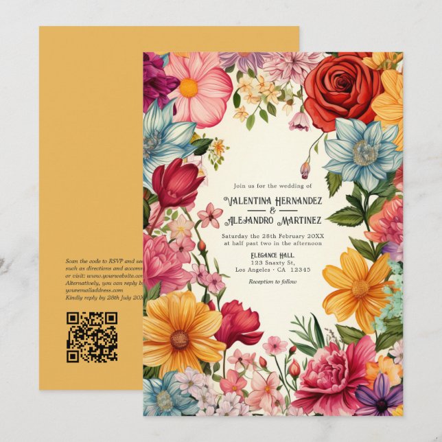 Invitación Boda Colorida Fiesta de Acuarela con Código QR (Anverso / Reverso)
